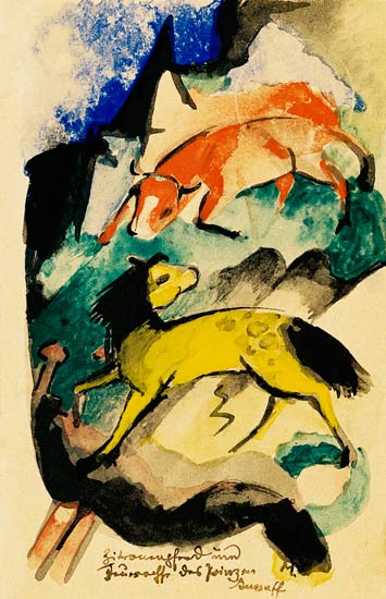 Zitronenpferd und Feuerochse von Prinz Jussuff (auf der Postkarte an Else, Schülerin im Verlies) – Franz Marc Franz Marc 70x105