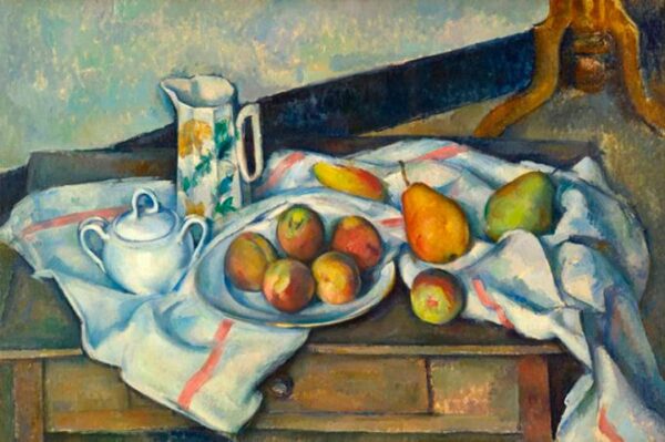 Stillleben mit Früchten, Karaffe, Zuckerdose und Flasche – Paul Cézanne Paul Cézanne 105x70