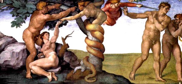 Sünde und Vertreibung aus dem Paradies. Gemälde der Sixtinischen Kapelle in Rom – Michelangelo Michelangelo 160x70