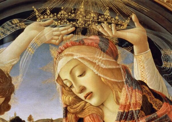 Die Madonna des Magnificat, Detail des Gesichts und der Krone der Jungfrau, 1482 (Tempera auf Holztafel) – Sandro Botticelli Sandro Botticelli 105x70