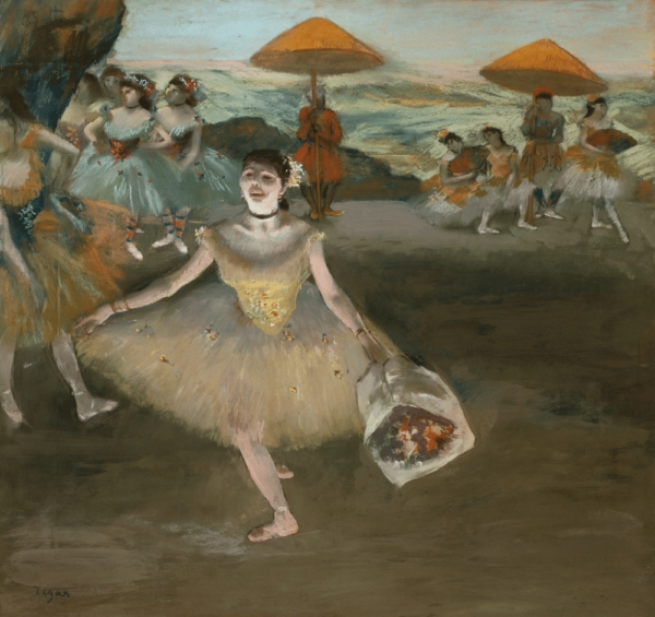 Tänzerin mit Blumenstrauß, die auf der Bühne grüßt – Edgar Degas Edgar Degas 70x70