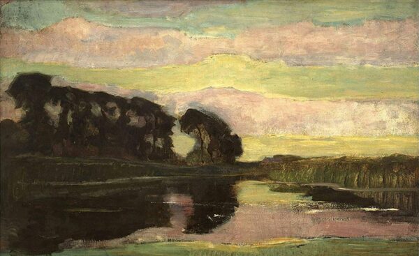 Landschaft mit Fluss, rosa und gelbem Himmel – Mondrian Piet Mondrian 105x70