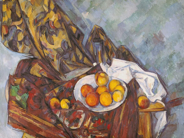 Stillleben mit blumigem Vorhang und Obstteller – Paul Cézanne Paul Cézanne 85x75