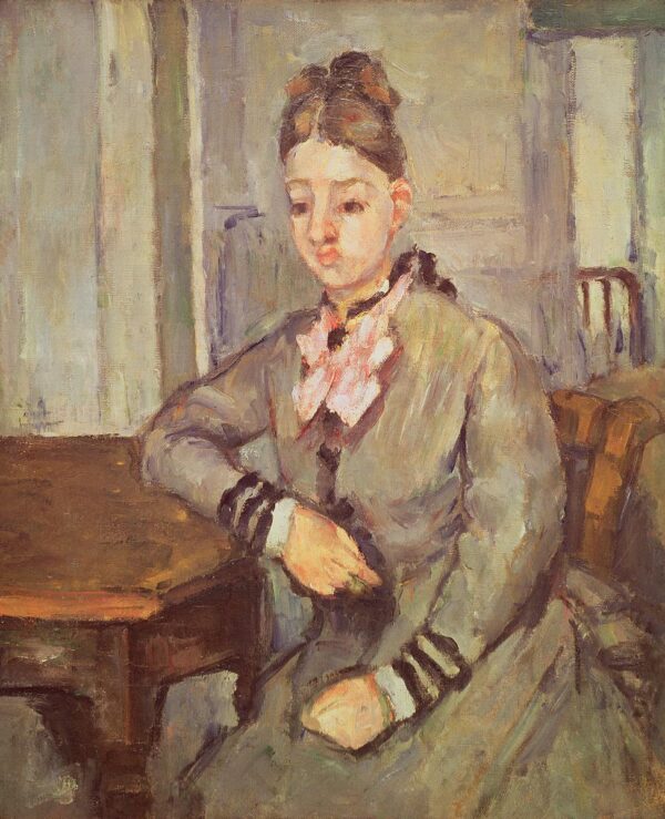 Madame Cezanne lehnt sich auf einen Tisch – Paul Cézanne Paul Cézanne 70x85