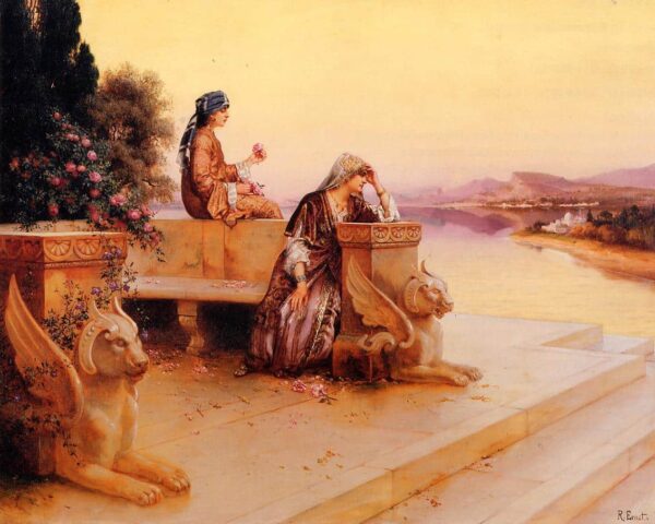 Elegante arabische Frauen auf einer Terrasse bei Sonnenuntergang – Rudolf Ernst Rudolf Ernst 85x75