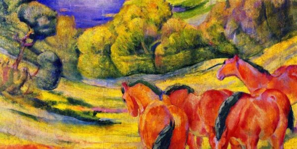 Großes Landschaftsbild I (Landschaft mit roten Pferden) – Franz Marc Franz Marc 140x70