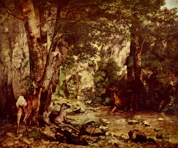 Übersetzung: «Hirschübergabe am Springbrunnen des Vergnügensbachs – Gustave Courbet» Gustave Courbet 85x75