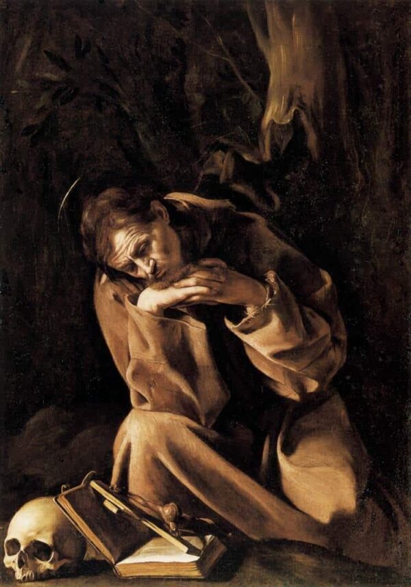 Saint François in Meditation über dem Kruzifix – Caravaggio Michelangelo Merisi da Caravaggio 70x105