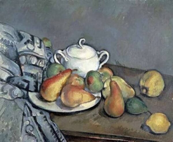 Stillleben mit Zuckerdose, Birnen und Tischdecke – Paul Cézanne Paul Cézanne 85x75