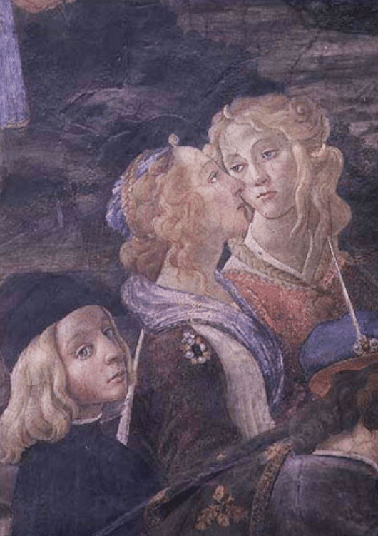 Die Reinigung des Aussätzigen und die Versuchung Christi in der Sixtinischen Kapelle: Detail von zwei Frauen – Sandro Botticelli Sandro Botticelli 70x105