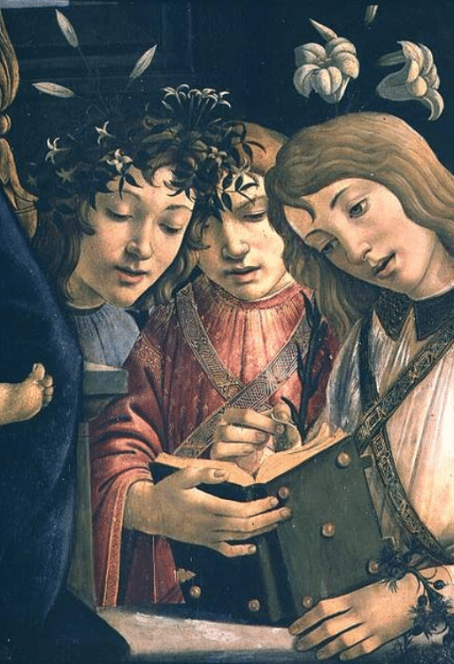 Madonna und Kind mit dem jungen Johannes dem Täufer und Engeln: Detail mit drei Engeln – Sandro Botticelli Sandro Botticelli 70x105