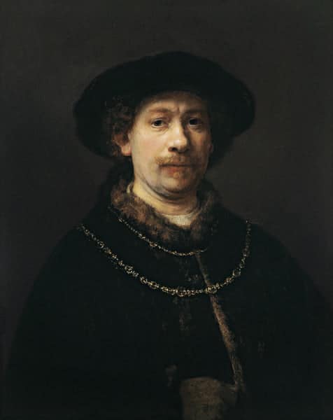 Selbstporträt mit Barett und zwei goldenen Ketten – Rembrandt van Rijn Rembrandt van Rijn 70x85