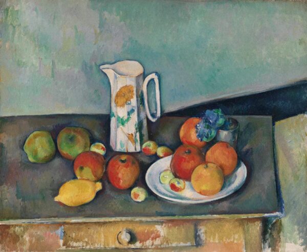 Stillleben mit Milchkrug und Obst – Paul Cézanne Paul Cézanne 85x75