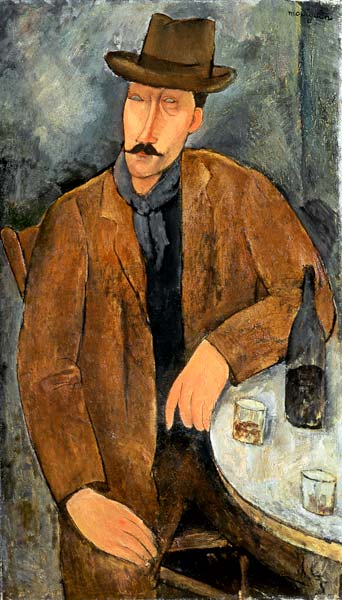 Ein Mann sitzt an einen Tisch gelehnt – Amedeo Modigliani Amedeo Modigliani 70x120