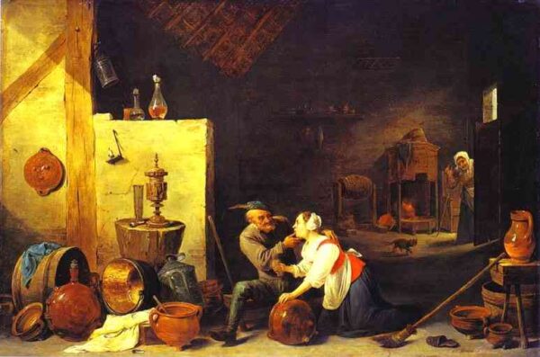 Ein alter Bauer streichelt eine Küchenmagd in einem Stall – David der Jüngere Teniers David Teniers der Jüngere