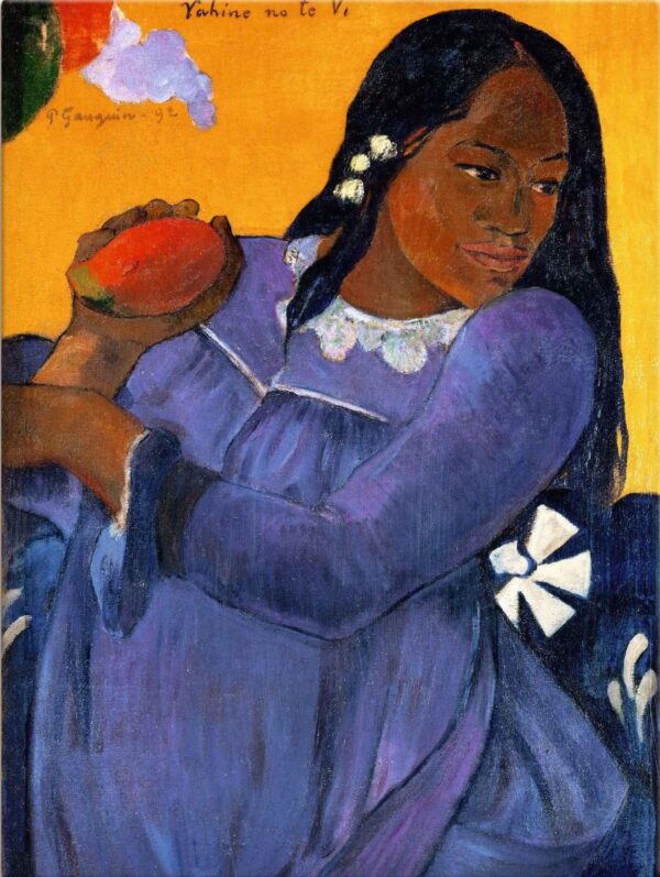 Frau in blauem Kleid mit einer Mango – Paul Gauguin Paul Gauguin 70x85