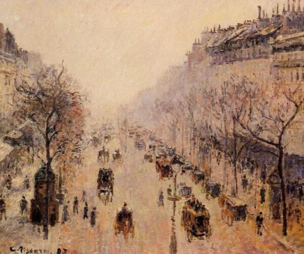 Boulevard Montmartre, Morgen, Sonnenlicht und Nebel – Camille Pissarro Camille Pissarro 85x75