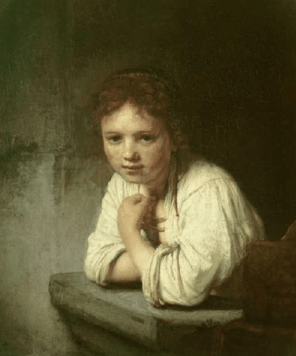 Mädchen, das sich an den Fensterrahmen lehnt – Rembrandt van Rijn Rembrandt van Rijn 70x85