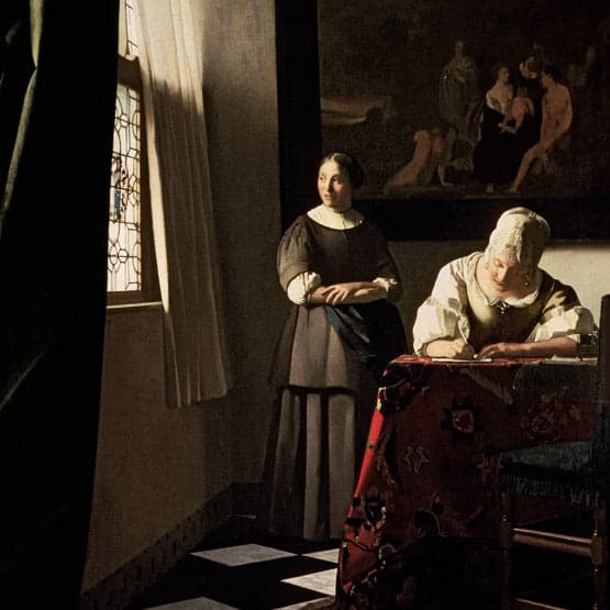 Frau, die einen Brief schreibt, und ihre Dienerin – Johannes Vermeer Jan Vermeer 70x70