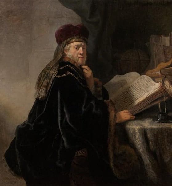 Ein Gelehrter sitzt an einem Schreibtisch – Rembrandt van Rijn Rembrandt van Rijn 70x70