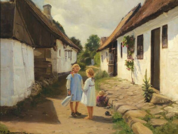 Zwei Kinder in einer Dorfstraße – Hans Andersen Brendekilde Andersen Brendekilde 85x75