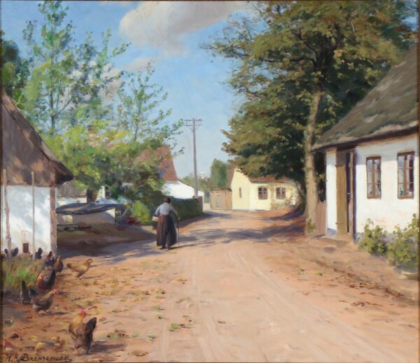 Eine ältere Frau in einer Dorfstraße – Hans Andersen Brendekilde Andersen Brendekilde 85x75