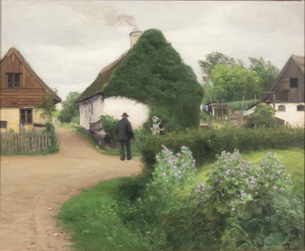 Dorfplatzszene mit Personen im Gespräch – Hans Andersen Brendekilde Andersen Brendekilde 85x75