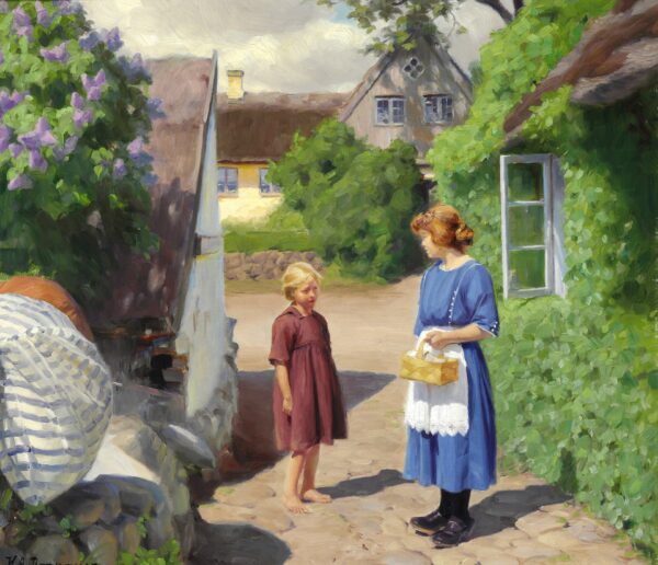 Sommertag in Jyllinge. Blühende Flieder und kleine Mädchen in der Dorfstraße – Hans Andersen Brendekilde Andersen Brendekilde 70x85