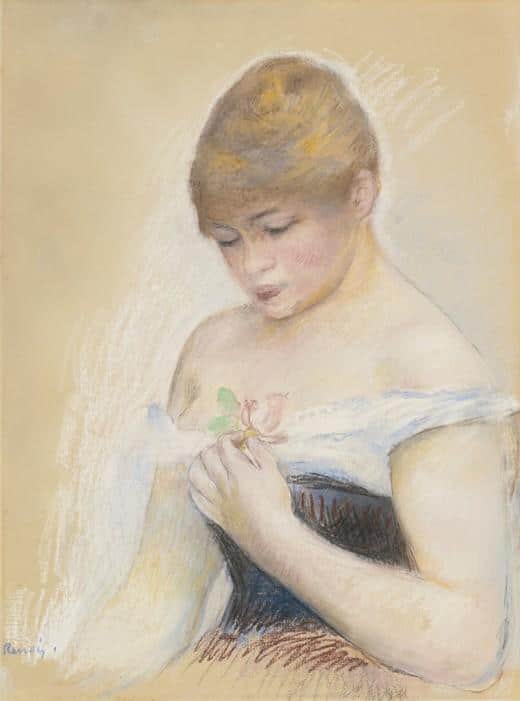 Junge Frau, die eine Blume hält. Porträt der Schauspielerin Jeanne Samary – Pierre-Auguste Renoir Pierre-Auguste Renoir 70x85