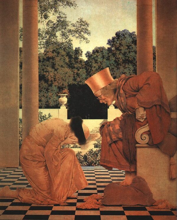 Lady Ursula kniet vor Pompdebile (Auszug aus The Knave of Hearts) – Maxfield Parrish Maxfield Parrish 70x85