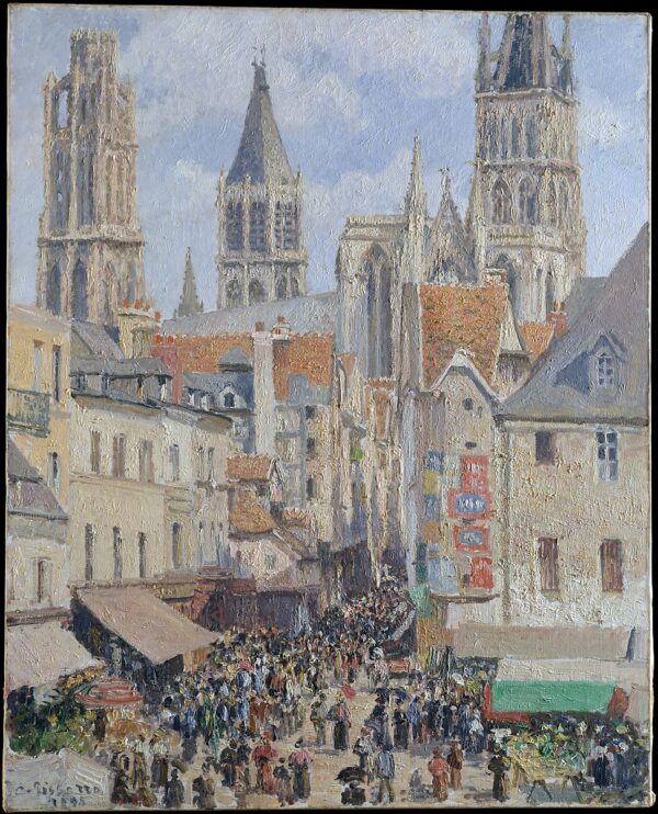 Die Straße der Lebensmittelgeschäfte in Rouen – Camille Pissarro Camille Pissarro 70x85