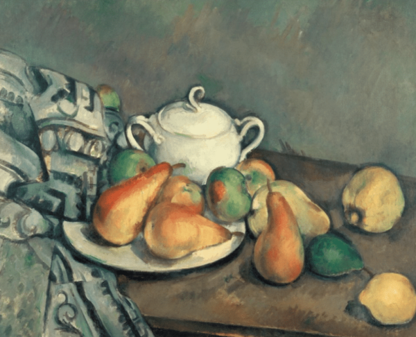 Zuckerdose, Äpfel und Stoff – Paul Cézanne Paul Cézanne 85x75