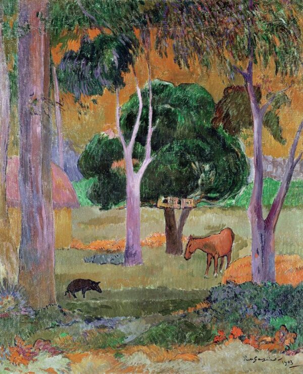 Landschaft mit einem Schwein und einem Pferd – Paul Gauguin Paul Gauguin 70x85