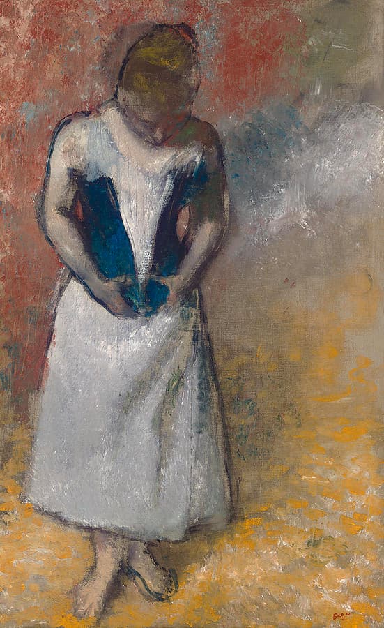 Stehende Frau von vorne, die ihr Korsett schnürt – Edgar Degas Edgar Degas 70x105