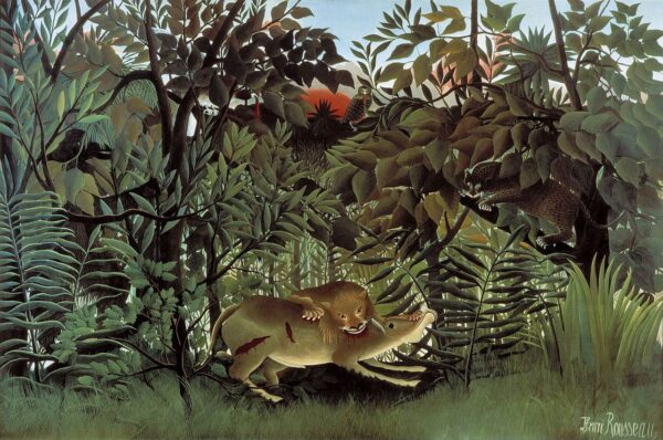 Der hungrige Löwe stürzt sich auf die Antilope – Henri Rousseau Henri Rousseau 105x70