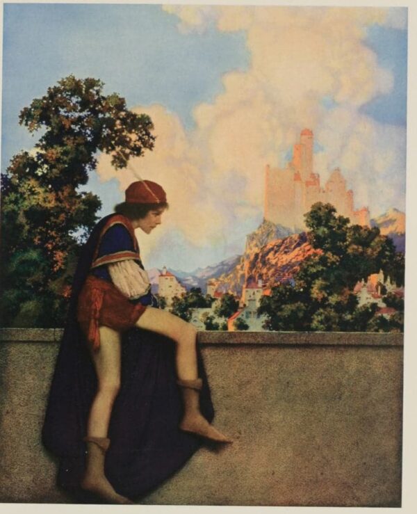 Der Bube des Herzens sieht Lady Violetta gehen – Maxfield Parrish Maxfield Parrish 70x85