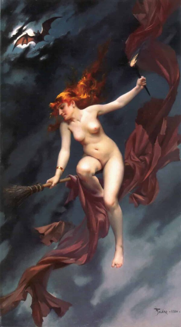 Postkarte des Gemäldes «Bruja Yendo al Aquelarre» – Luis Ricardo Falero Luis Ricardo Falero