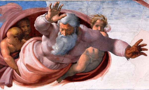 Sixtinische Kapelle: Gott teilt die Gewässer und die Erde (vor der Restaurierung) (Detail) – Michelangelo Michelangelo 120x70