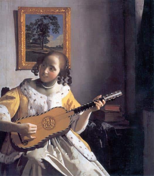 Eine Frau, die Gitarre spielt – Johannes Vermeer Jan Vermeer 70x70